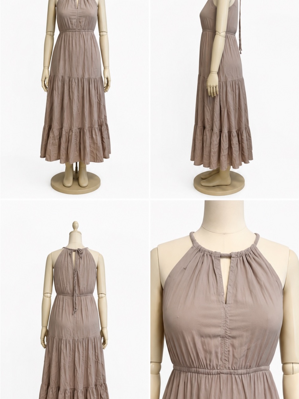 Rachel Zoe Linen Blend Halter Maxi Dress Taupe Mauve Tiered Boho Pockets